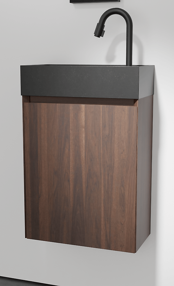 Balmani Mitra hängendes WC-Möbel-Set, 42 x 21 cm, amerikanischer Nussbaum, mit Dama Waschtisch in poliertem Granit