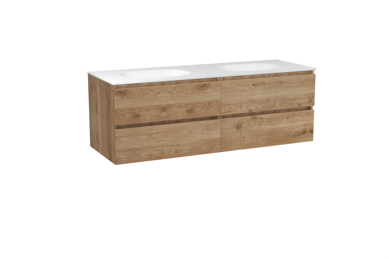 Balmani Lucida hängendes Möbelstück Set: 150 x 55 cm, Rohe Eiche, mit Tablo Oval Doppelwaschtisch, Solid Surface Weiß matt