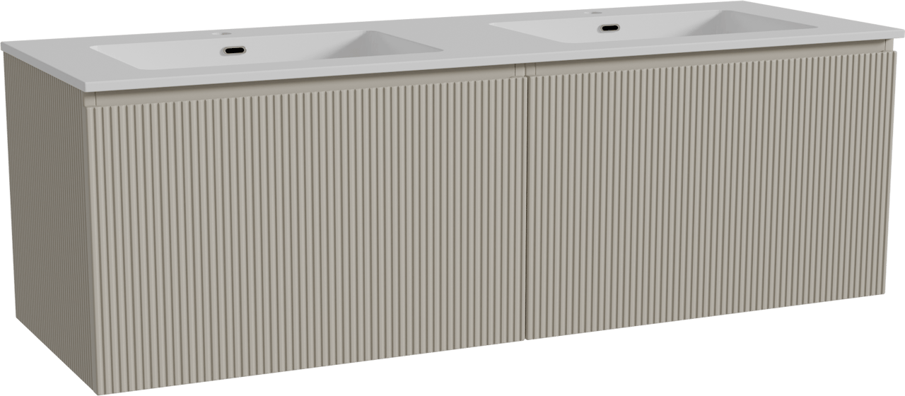 Storke Ribs zwevend badmeubel 150 x 52 cm zijdegrijs met Diva dubbele wastafel in composietmarmer hoogglans wit, Verticale symmetrische rechte ribbel