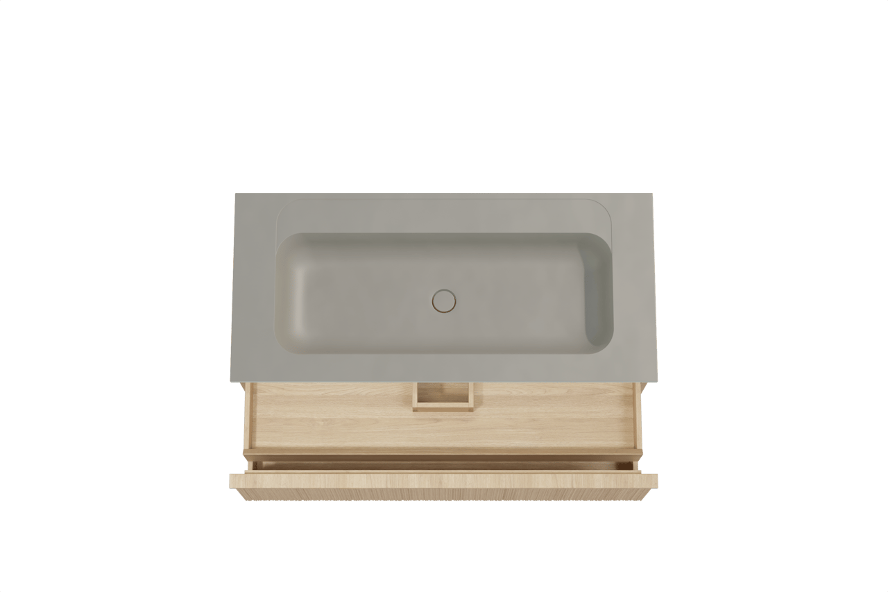 Balmani Forma zwevend badmeubel 120 x 55 cm naturel eiken met Tablo Strada enkele wastafel voor 2 kraangaten in composietmarmer zijdegrijs, Verticale asymmetrische ronde ribbel