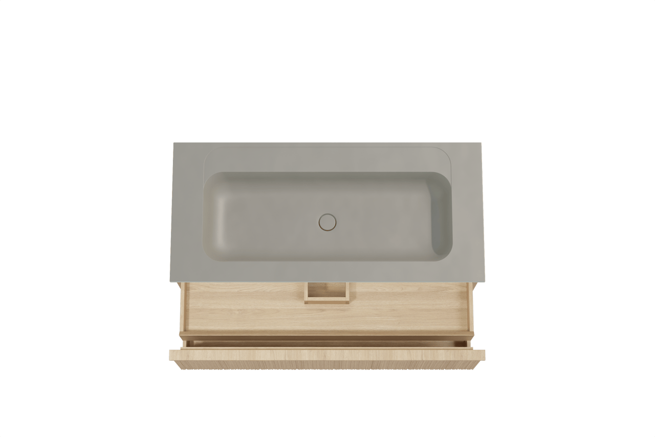 Balmani Forma hängendes Möbelstück Set: 120 x 55 cm, Naturbelassene Eiche, mit Tablo Strada Einzelwaschtisch für 2 Armaturenlöcher, Marmorkomposit, Seidengrau, Vertikale asymmetrische Runde Rippe