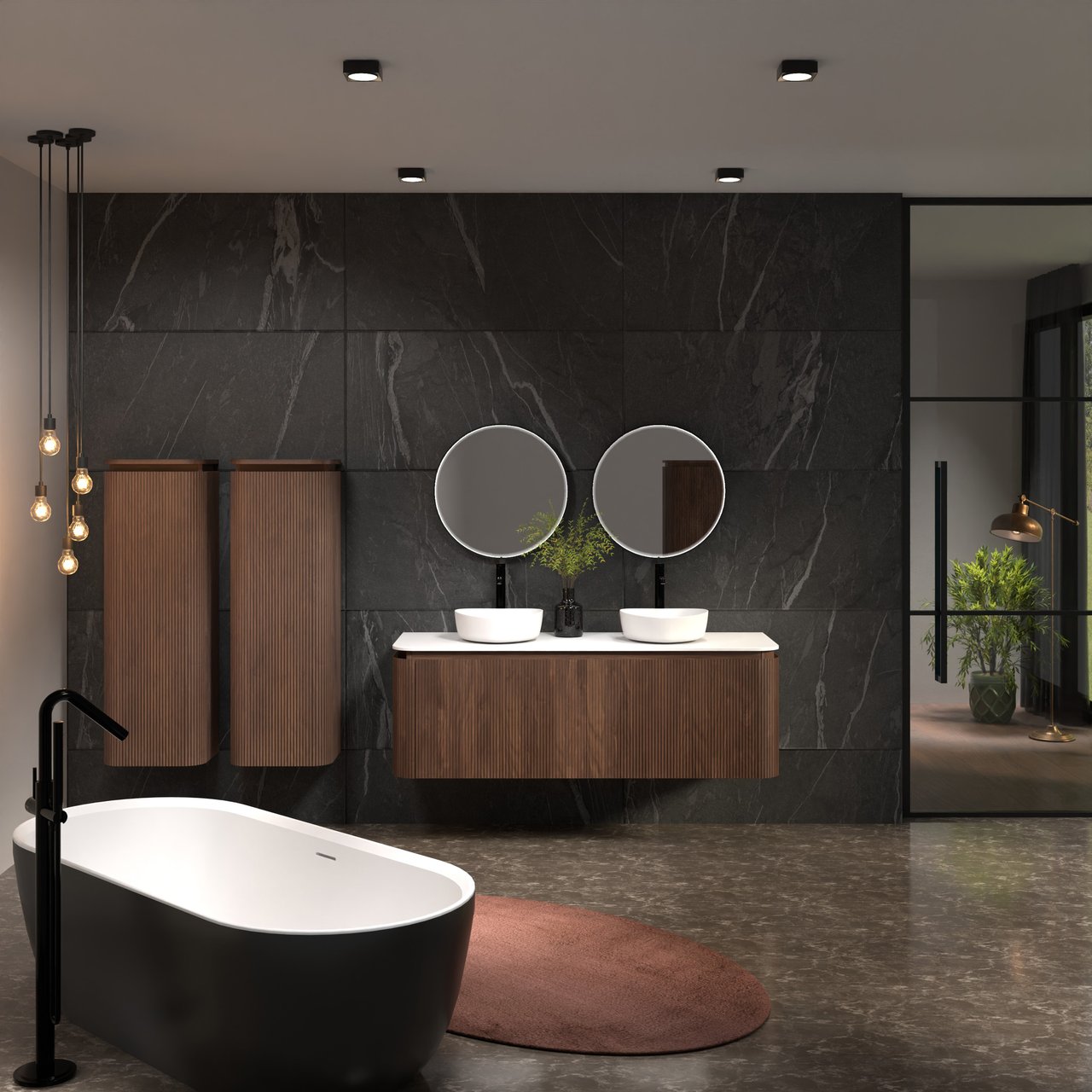 Balmani Moon zwevend badmeubel 160 x 55 cm amerikaans notenhout met Moon enkel of dubbel wastafelblad in solid surface mat wit, Verticale symmetrische rechte ribbel