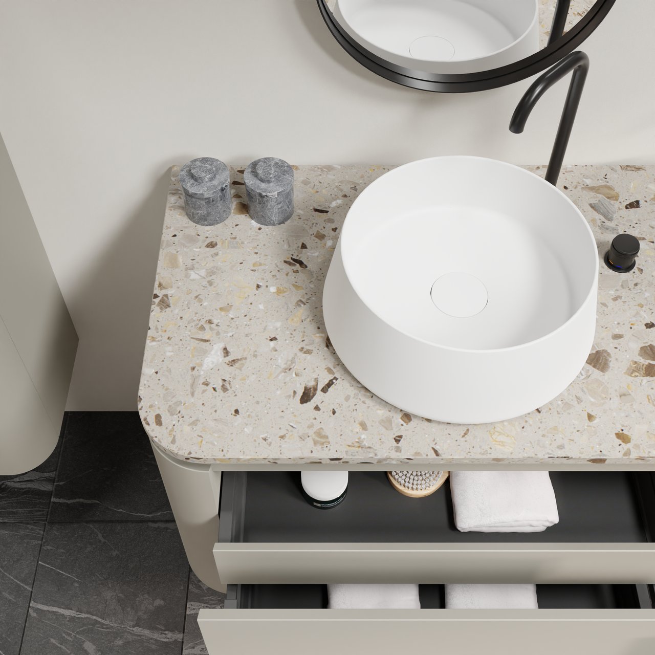 Balmani Moon hängendes Möbelstück Set: 160 x 55 cm, Seidengrau, mit Moon Einzel- oder Doppel Waschtischplatte, Terrazzo in Greige