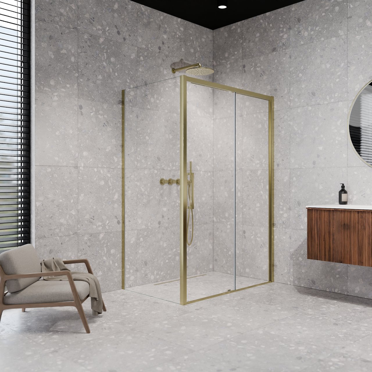 Balmani Senses Design douchehoek met rechtse schuifdeur en vaste zijwand, 180 x 80 cm, Helder glas, Brushed Champagne Gold profielen