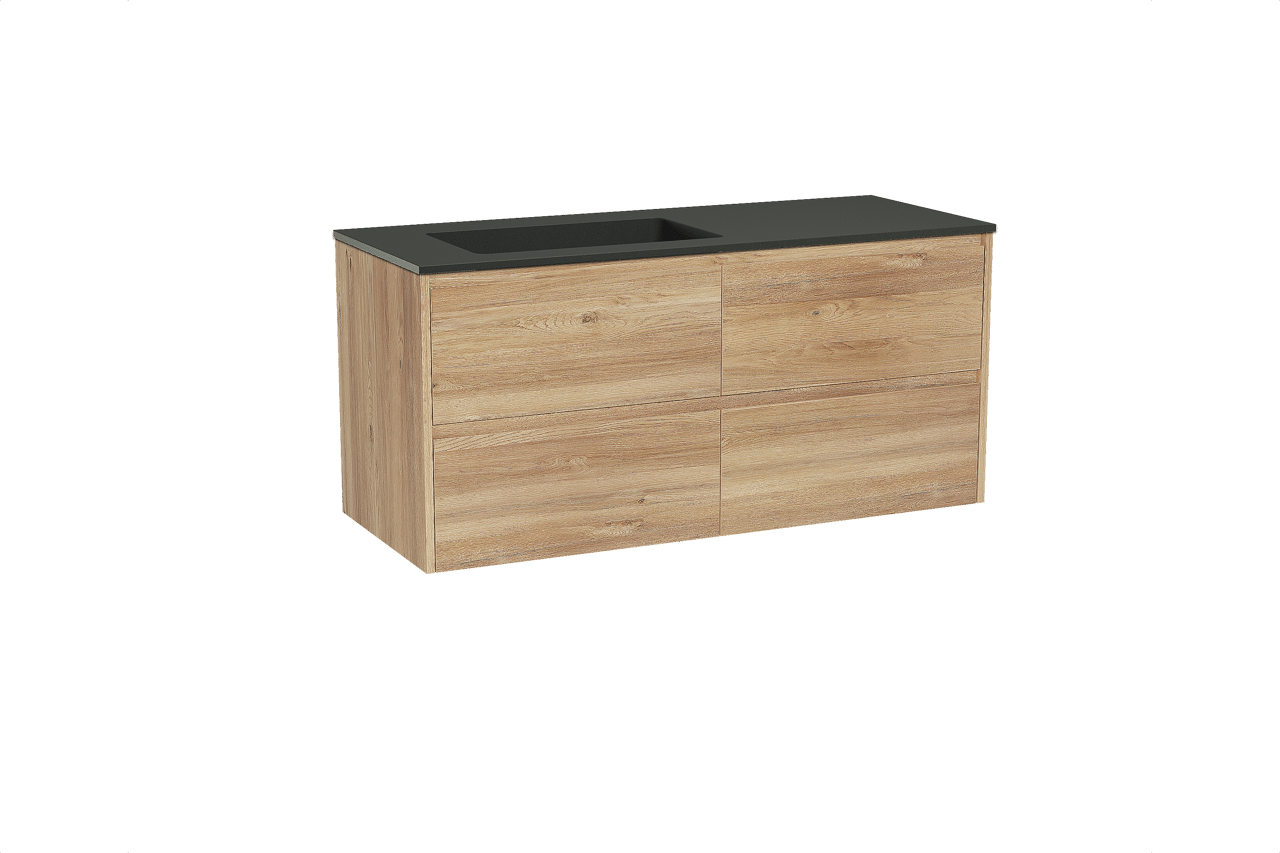 Storke Seda hängendes Möbelstück Set: 130 x 52 cm, Rohe Eiche, mit Scuro Waschtisch links, Quarz Schwarz matt