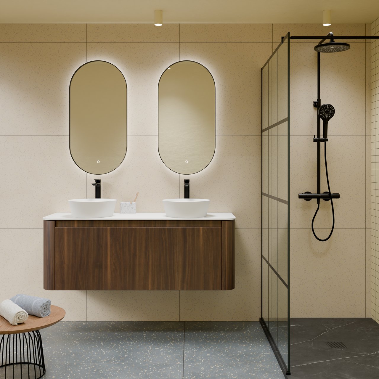 Storke Soft meuble salle de bains suspendu 140 x 46 cm noyer avec Tavola Soft tablette simple ou double vasque en Solid Surface blanc mat