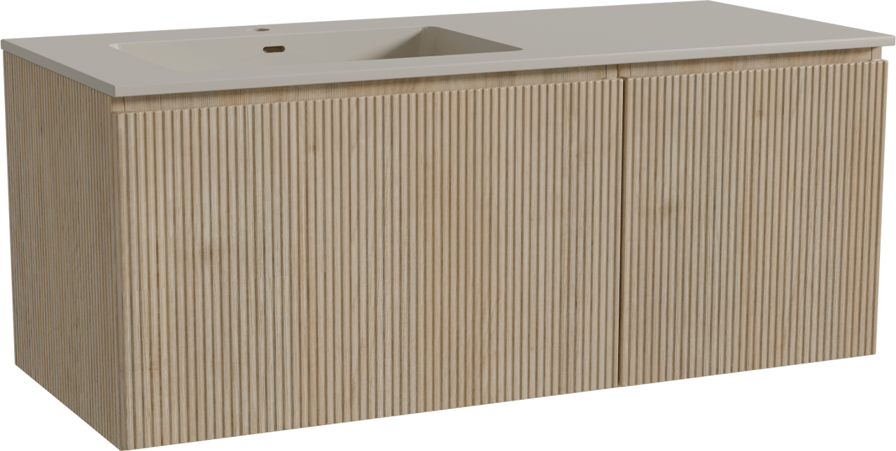 Storke Ribs hängendes Möbelstück Set: 120 x 52 cm, Rohe Eiche, mit Diva Waschtisch links, Top Solid, Seidengrau, Vertikale symmetrische gerade Rippe