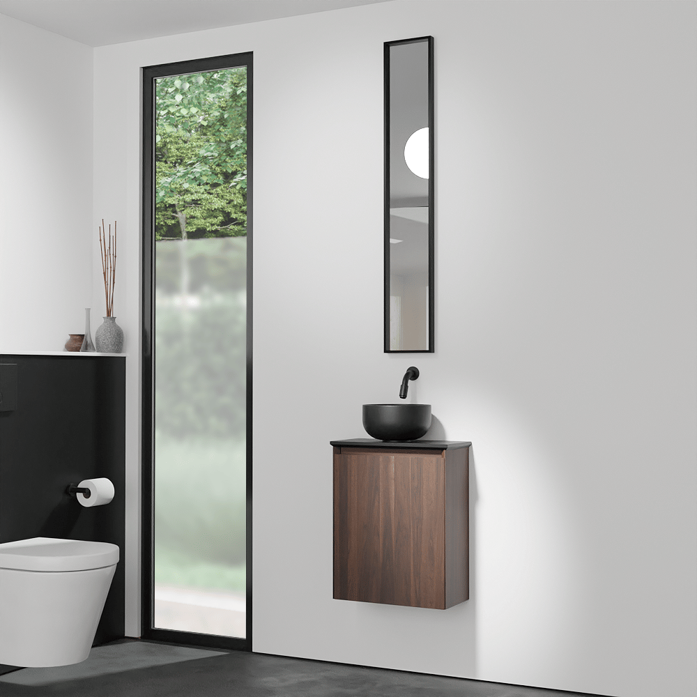 Balmani Mitra meuble wc suspendu 42 x 21 cm noyer américain avec Facetta tablette et Bowl vaque à poser en granite aiguisé