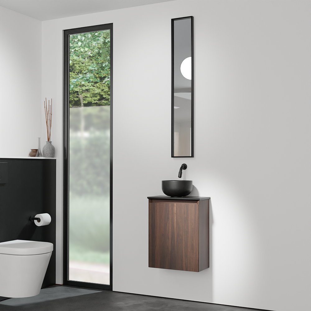 Balmani Mitra meuble wc suspendu 42 x 21 cm noyer américain avec Facetta tablette et Bowl vaque à poser en granite aiguisé