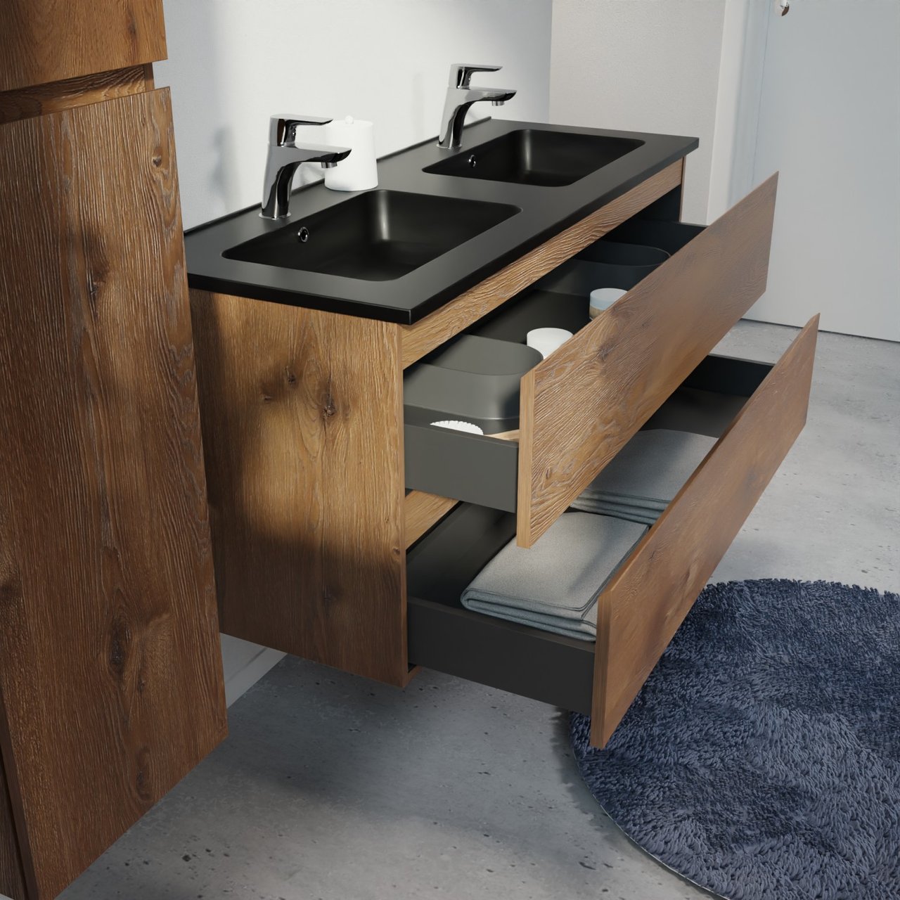 Linie Lado zwevend badmeubel 120 x 46 cm bruin eiken met Vano dubbele wastafel in composietmarmer mat zwart