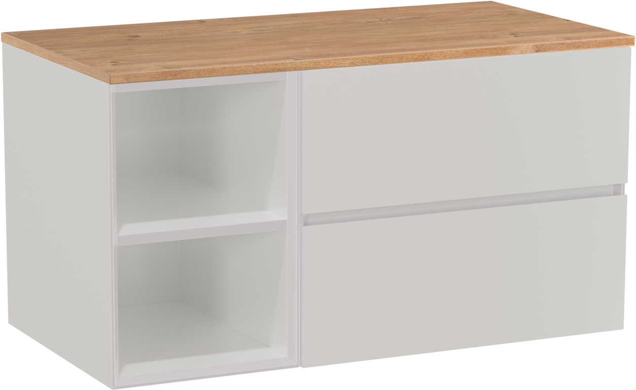 Storke Edge hängendes Möbelstück Set: 100 x 52 cm, Weiß glänzend, mit Panton Einzel Waschtischplatte, Melamin Rohe Eiche