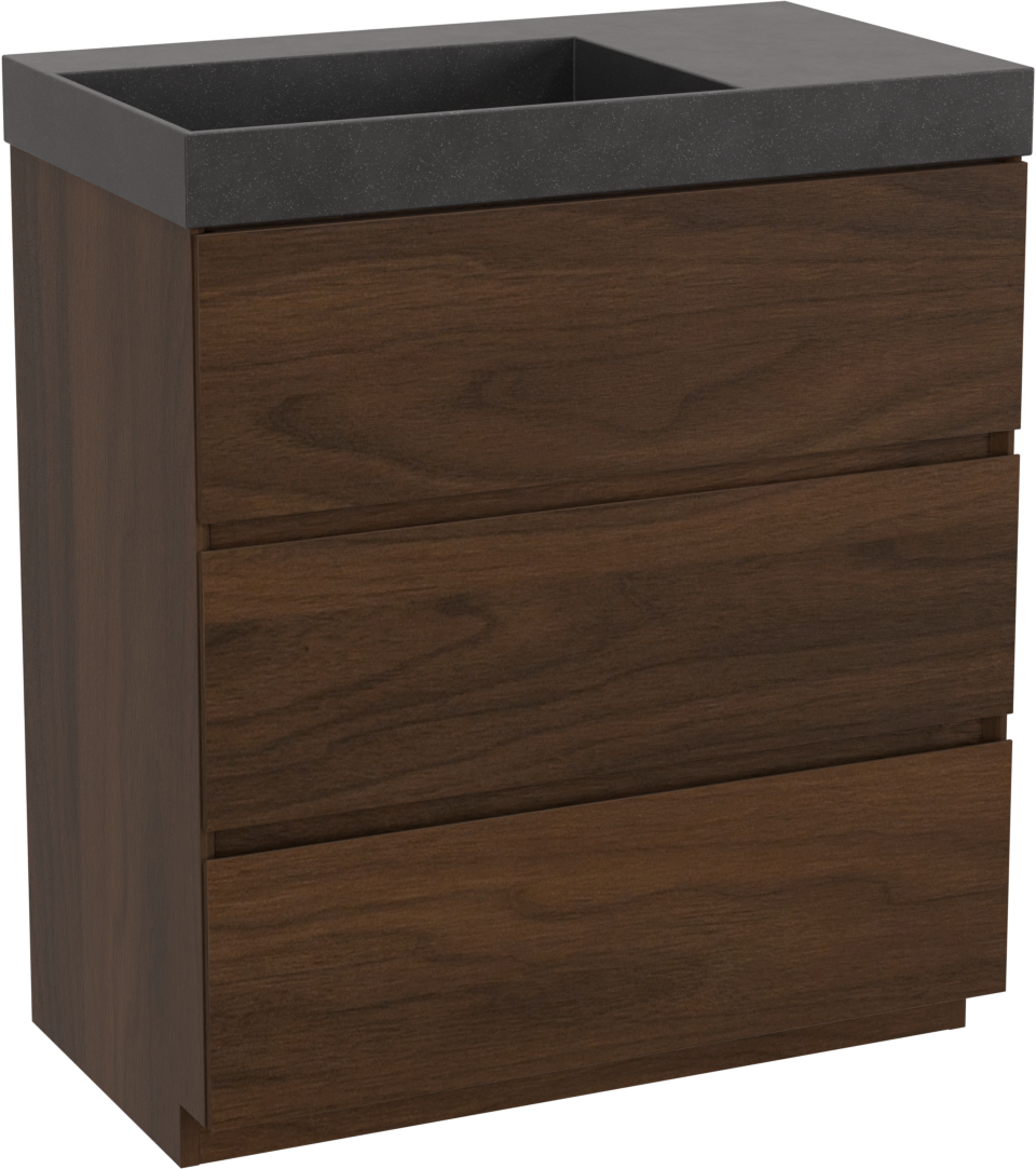 Storke Edge meuble salle de bains à poser 80 x 46 cm noyer avec Jura plan vasque asymétrique à gauche en quartz noir mat