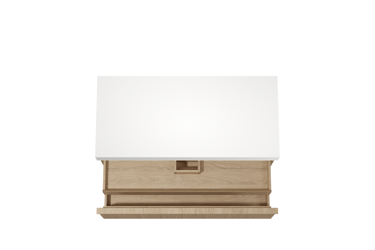 Balmani Forma zwevend badkamermeubel 120 x 55 cm natuur eik met Dominus enkel of dubbel tablet in solid surface mat wit, Verticale symmetrische rechte ribbel