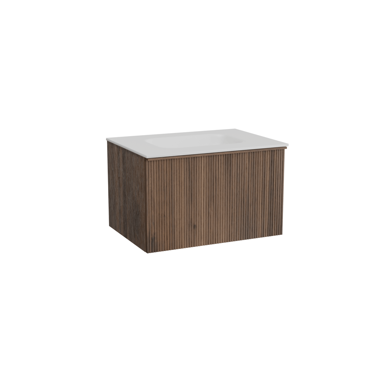 Balmani Forma hängendes Möbelstück Set: 75 x 55 cm, Amerikanischer Nussbaum, mit Tablo Arcato Einzelwaschtisch, Solid Surface, Weiß matt, Vertikale symmetrische gerade Rippe