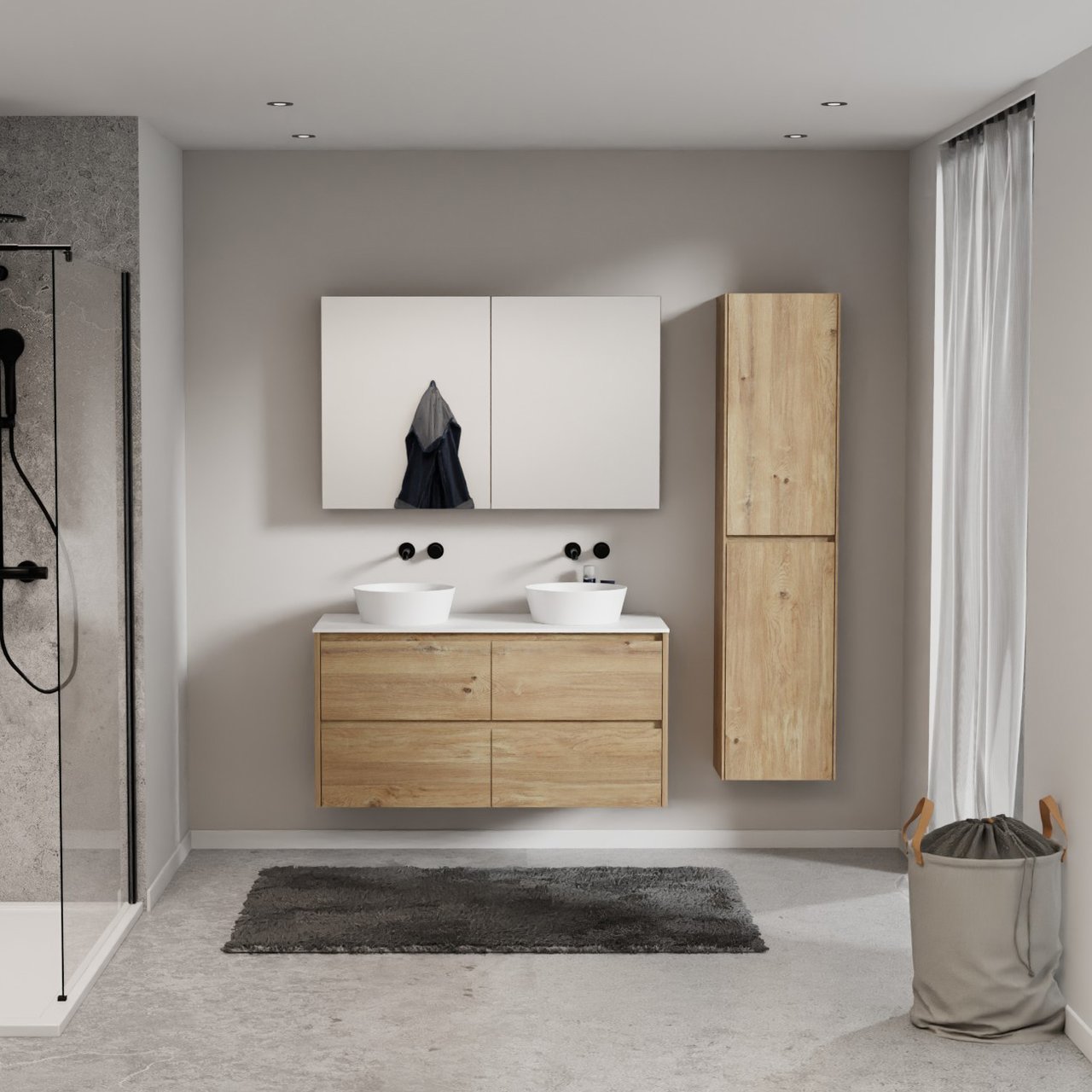 Storke Seda zwevend badmeubel 120 x 52 cm ruw eiken met Tavola enkel of dubbel wastafelblad in solid surface mat wit