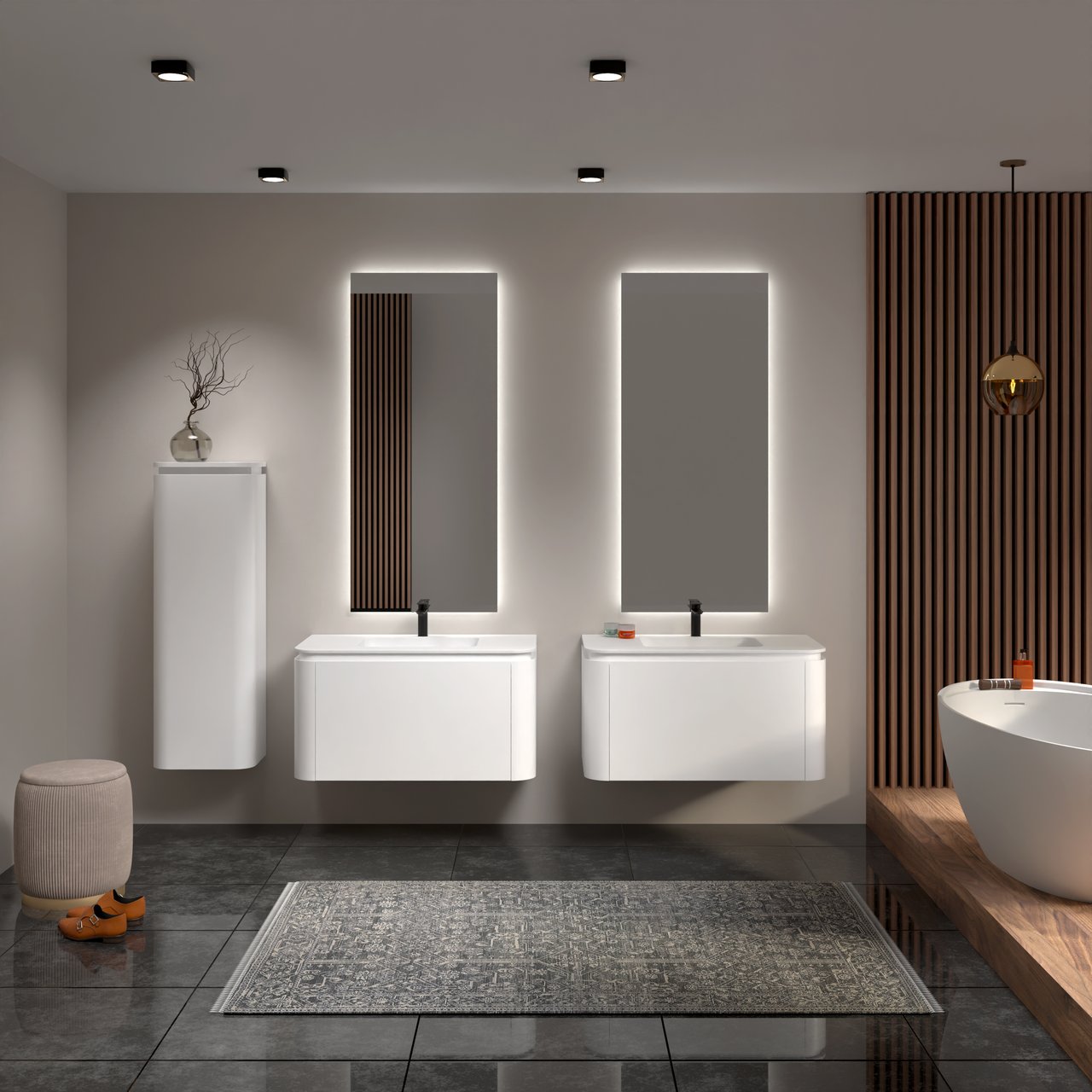 Balmani Moon zwevend badkamermeubel 100 x 55 cm mat wit met Moon enkele wastafel in solid surface mat wit