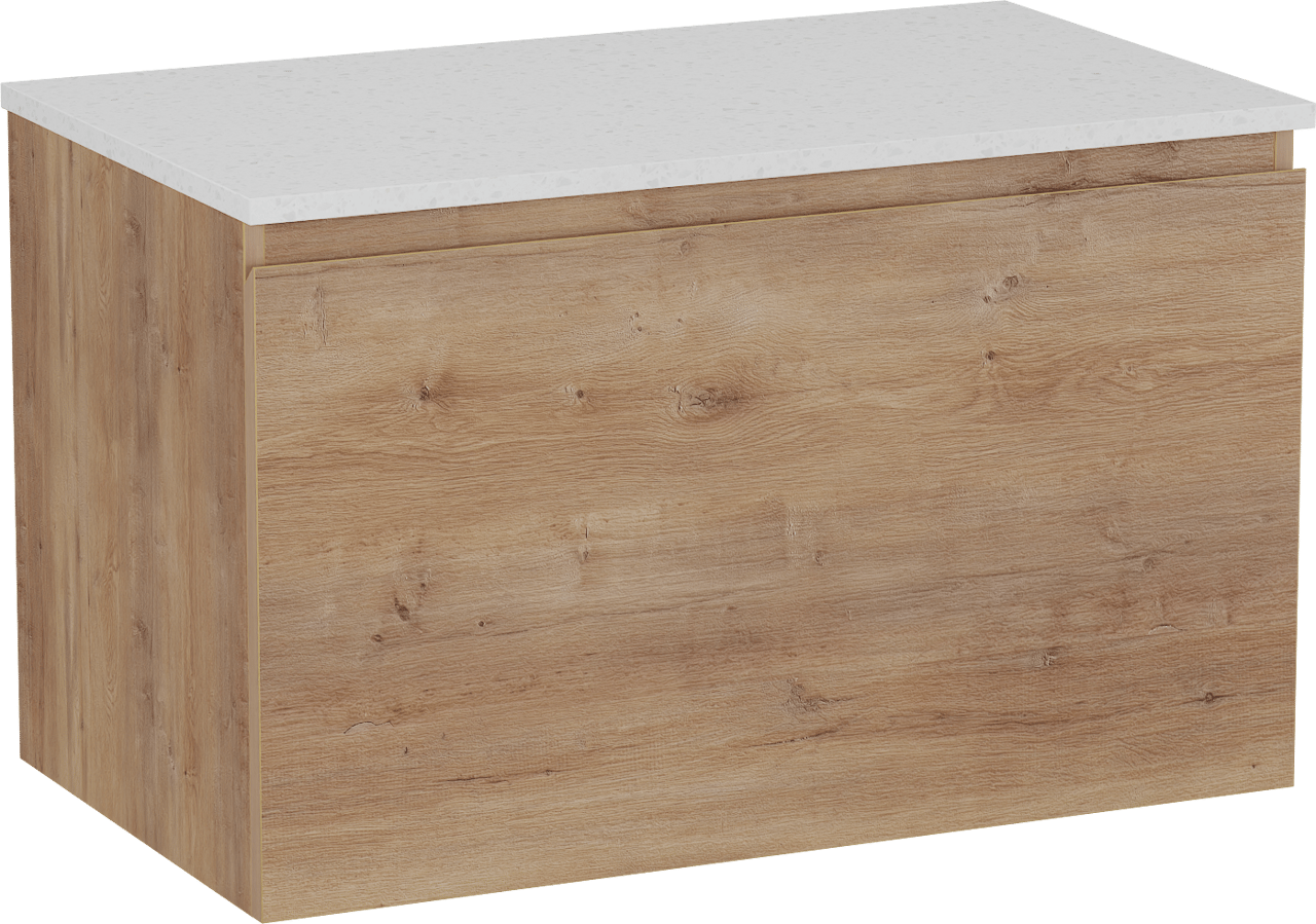 Linie Lado meuble salle de bains suspendu 80 x 46 cm chêne naturel avec Lado tablette simple en mélaminé terrazzo blanc