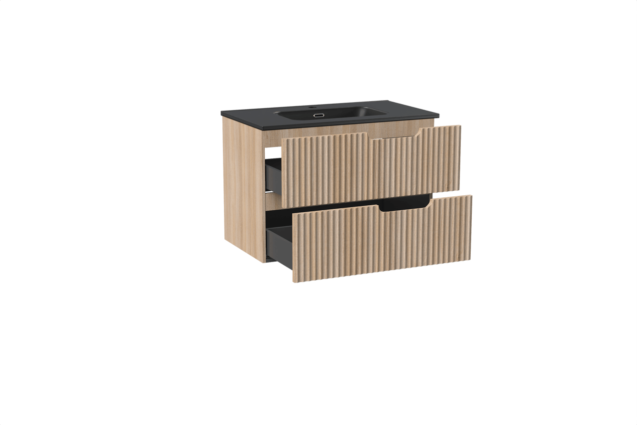 Linie Ribbo meuble salle de bains suspendu 80 x 46 cm chêne clair avec Baro plan simple en porcelaine noir mat, Nervure circulaire symétrique verticale