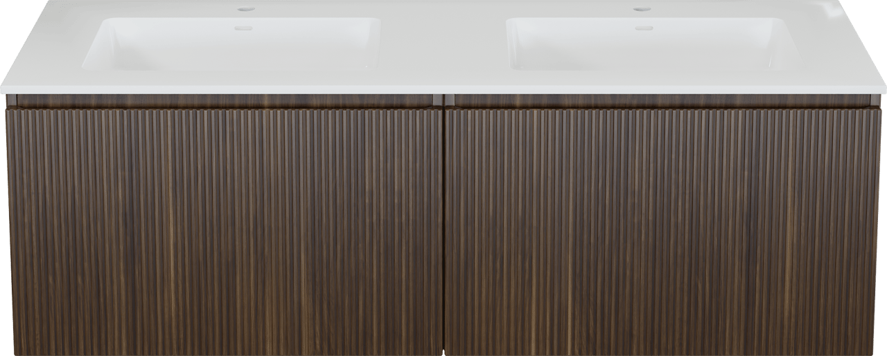 Storke Ribs zwevend badkamermeubel 150 x 52 cm notelaar met Bilia dubbele wastafel in composietmarmer glanzend wit, Verticale symmetrische rechte ribbel