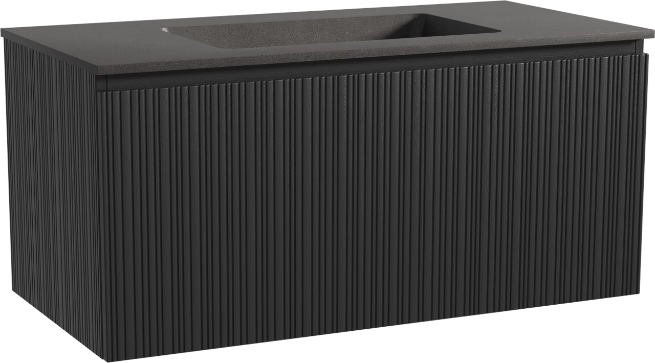Storke Ribs zwevend badmeubel 105 x 52 cm zwart eiken met Scuro enkele wastafel in kwarts mat zwart, Verticale asymmetrische rechte ribbel