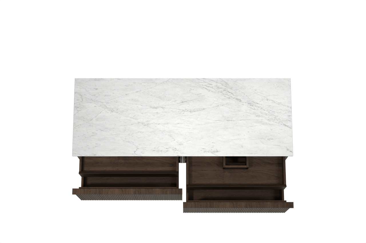 Balmani Forma hängendes Möbelstück Set: 150 x 55 cm, Geräucherte Eiche, mit Stretto Einzel- oder Doppel Waschtischplatte, Marmor, Carrara, Vertikale symmetrische gerade Rippe