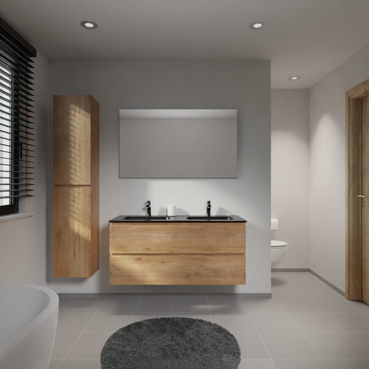 Linie Lado meuble salle de bains suspendu 120 x 46 cm chêne naturel avec Baro double vasque en porcelaine noir mat