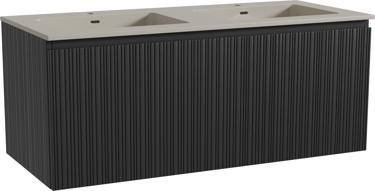 Storke Ribs zwevend badmeubel 120 x 52 cm zwart eiken met Diva dubbele wastafel in top solid zijdegrijs, Verticale asymmetrische rechte ribbel