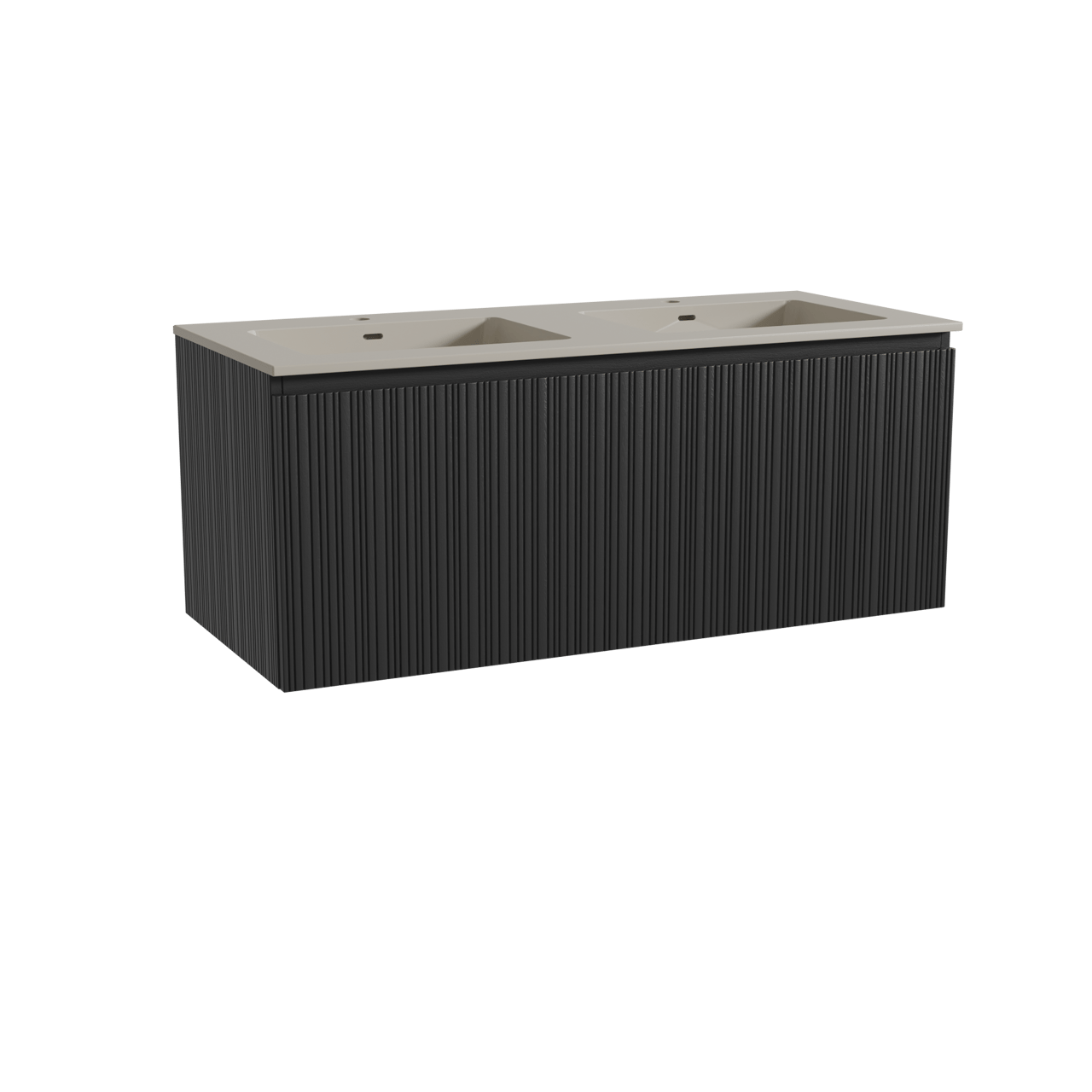 Storke Ribs hängendes Möbelstück Set: 120 x 52 cm, Schwarze Eiche, mit Diva Doppelwaschtisch, Top Solid, Seidengrau, Vertikale asymmetrische gerade Rippe