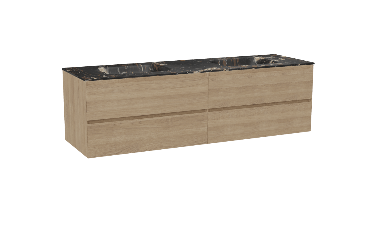 Balmani Mitra hängendes Möbelstück Set: 180 x 55 cm, Naturbelassene Eiche, mit Tablo Arcato Doppelwaschtisch, Marmor Portoro Gold