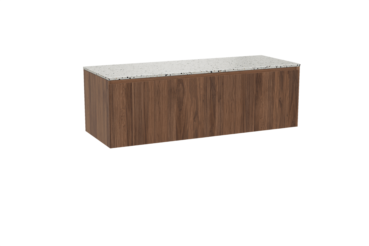 Balmani Fila hängendes Möbelstück Set: 150 x 55 cm, Nussbaum, mit Stretto Einzel- oder Doppel Waschtischplatte, Terrazzo in Weiß/Schwarz matt, Vertikale symmetrische gerade Rippe