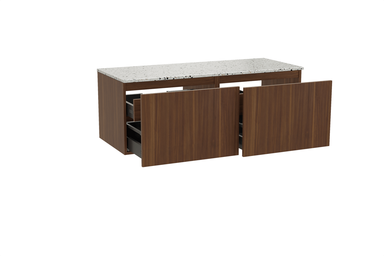 Balmani Sfera zwevend badkamermeubel 135 x 55 cm amerikaanse notelaar met Stretto enkel of dubbel tablet in mat wit/zwart terrazzo