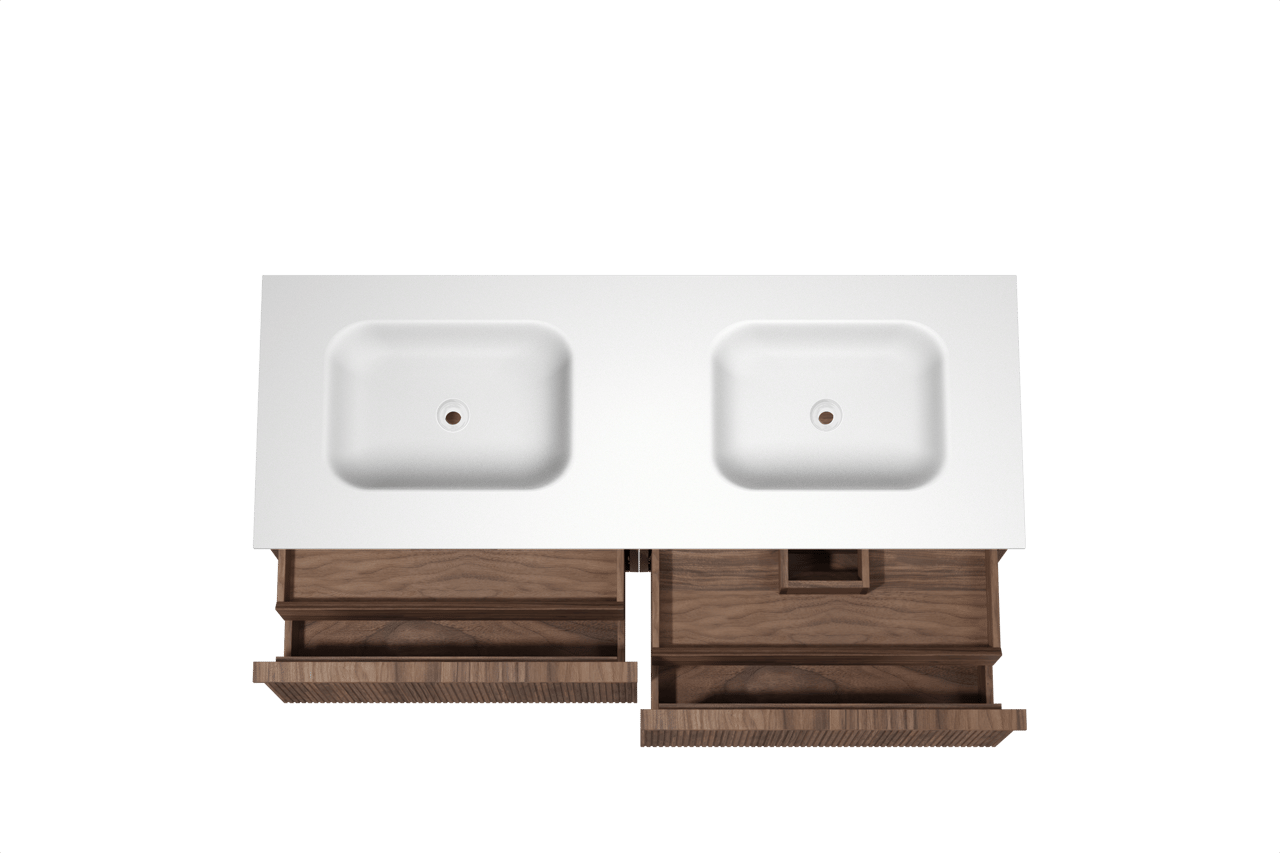 Balmani Forma zwevend badmeubel 150 x 55 cm amerikaans notenhout met Tablo Arcato dubbele wastafel in solid surface mat wit, Verticale symmetrische rechte ribbel