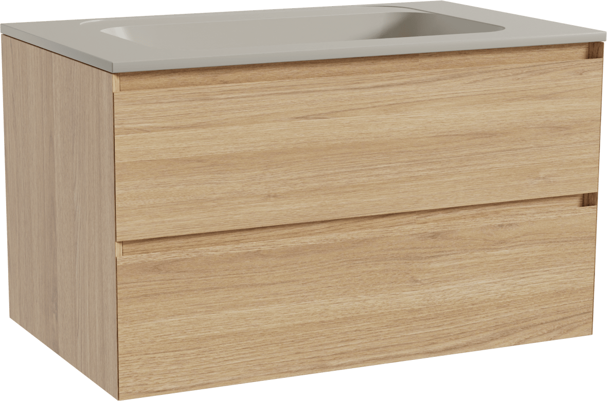 Balmani Mitra zwevend badmeubel 90 x 55 cm naturel eiken met Tablo Strada enkele wastafel in composietmarmer zijdegrijs