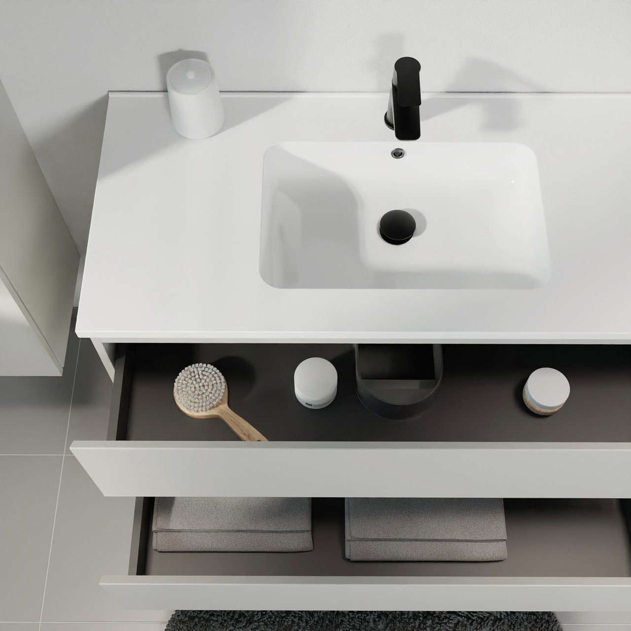 Linie Lado meuble salle de bains suspendu 60 x 46 cm greige avec Vano plan simple en marbre composite blanc brillant