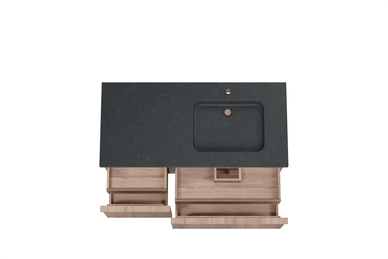 Balmani Forma meuble salle de bains suspendu 120 x 55 cm teck avec Napoli vasque asymétrique droite en granit noir, Nervure droite symétrique verticale