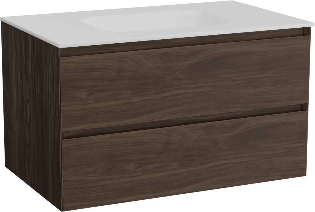 Balmani Mitra meuble salle de bains suspendu 90 x 55 cm noyer américain avec Tablo Arcato plan simple en solid surface blanc mat