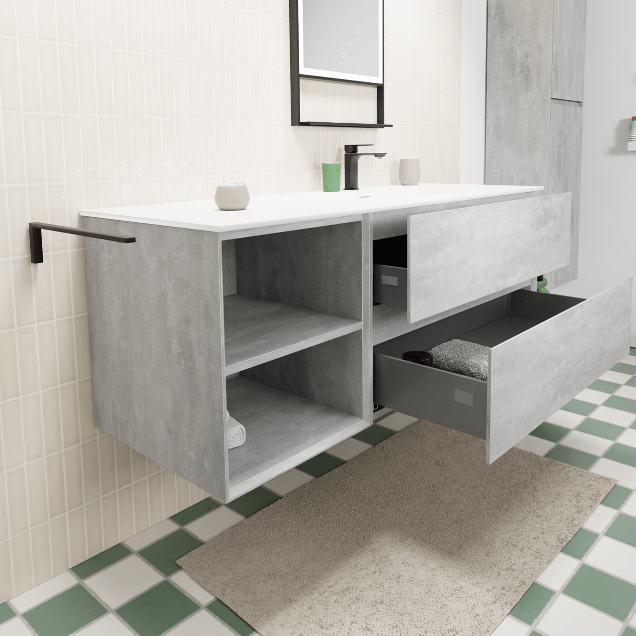 Storke Edge hängendes Möbelstück Set: 140 x 52 cm, Beton dunkelgrau, mit Mata Waschtisch rechts, Solid Surface Weiß matt