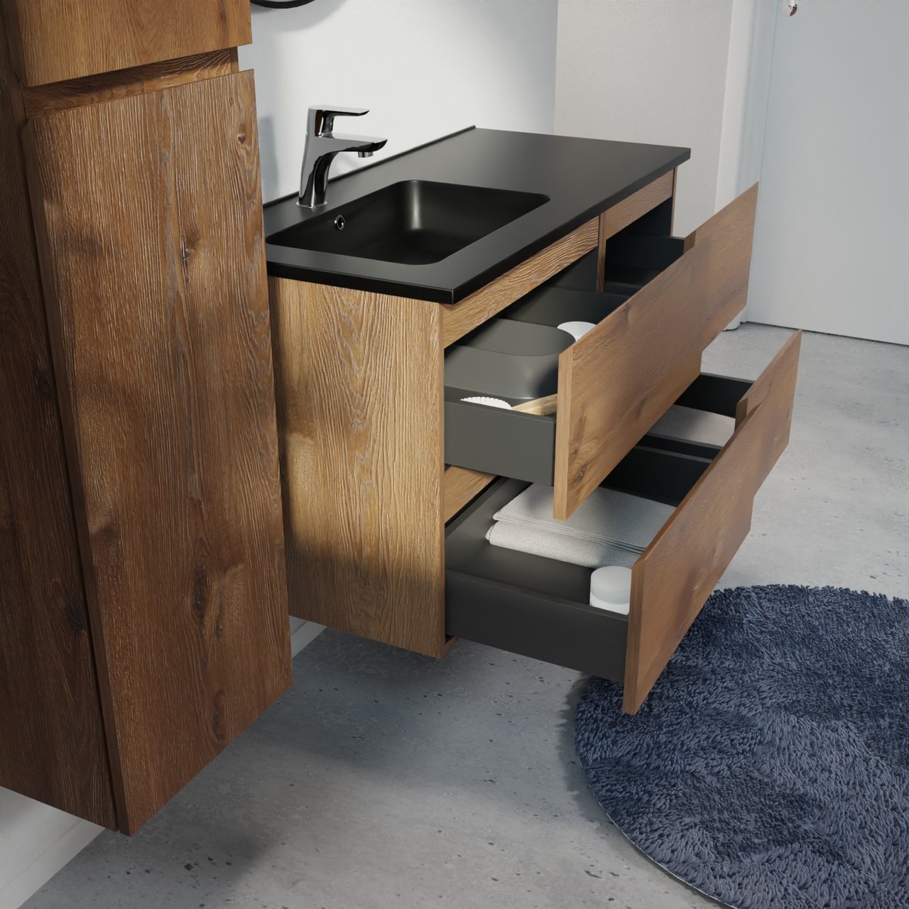 Linie Lado hängendes Möbelstück Set: 100 x 46 cm, Braune Eiche, mit Vano Waschtisch links, Marmorkomposit Schwarz matt