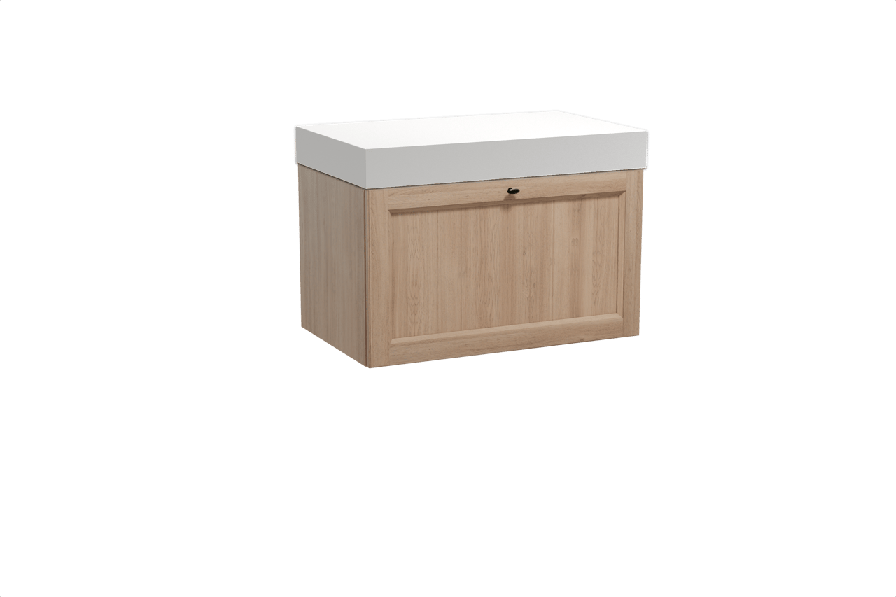 Balmani Lemon hängendes Möbelstück Set: 90 x 55 cm, Verwitterte Eiche, mit Dominus Einzel Waschtischplatte, Solid Surface Weiß matt