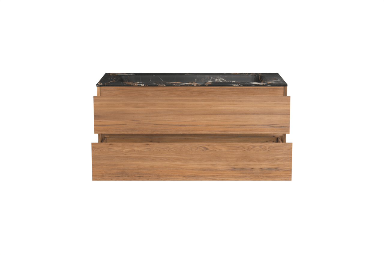 Balmani Mitra meuble salle de bains suspendu 120 x 55 cm teck avec Tablo Arcato lavabo simple pour 2 trous de robinet en marbre portoro gold