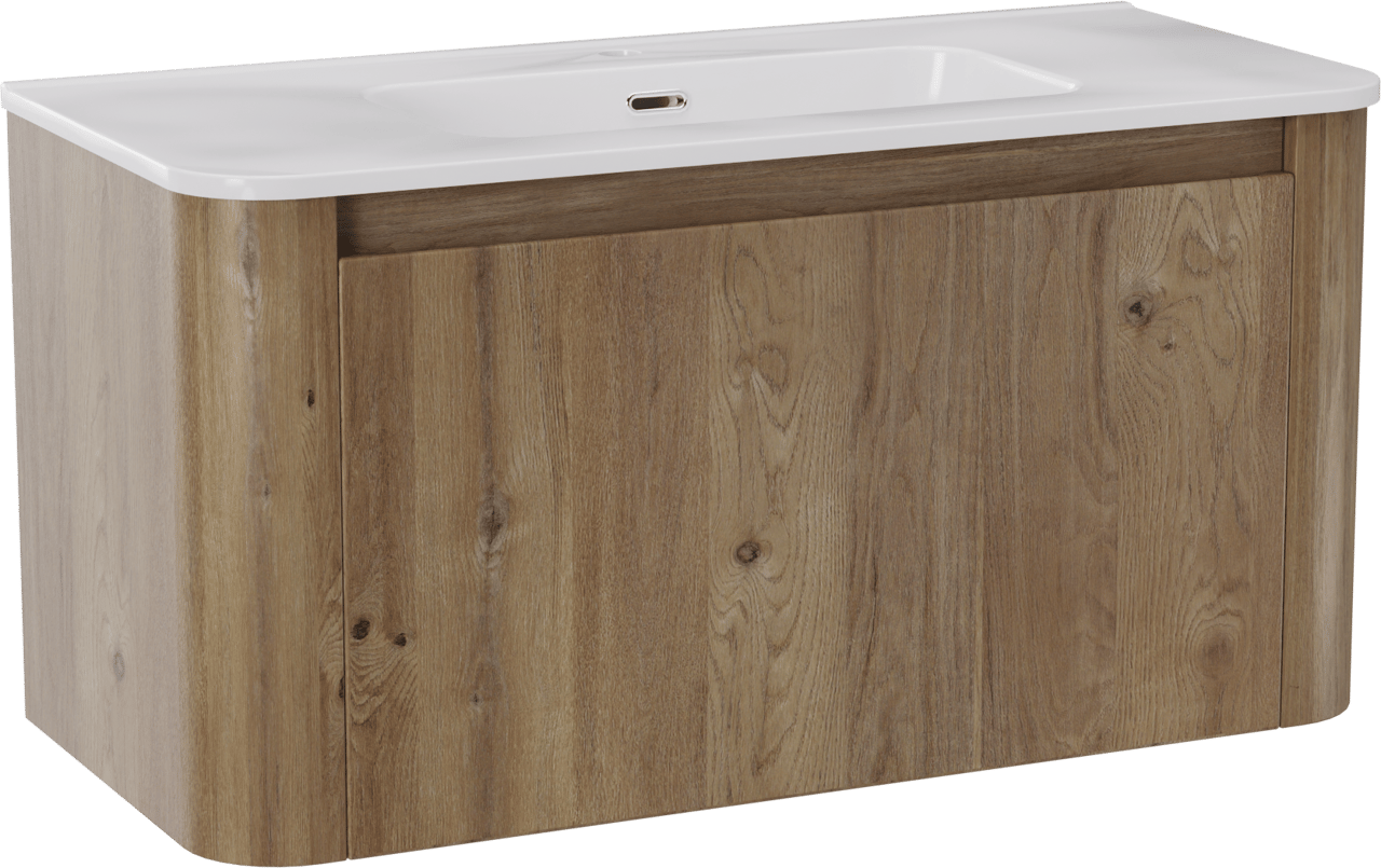 Storke Soft hängendes Möbelstück Set: 100 x 46 cm, Eiche rau, mit Kera Soft Einzelwaschtisch Keramik Weiβ glänzend