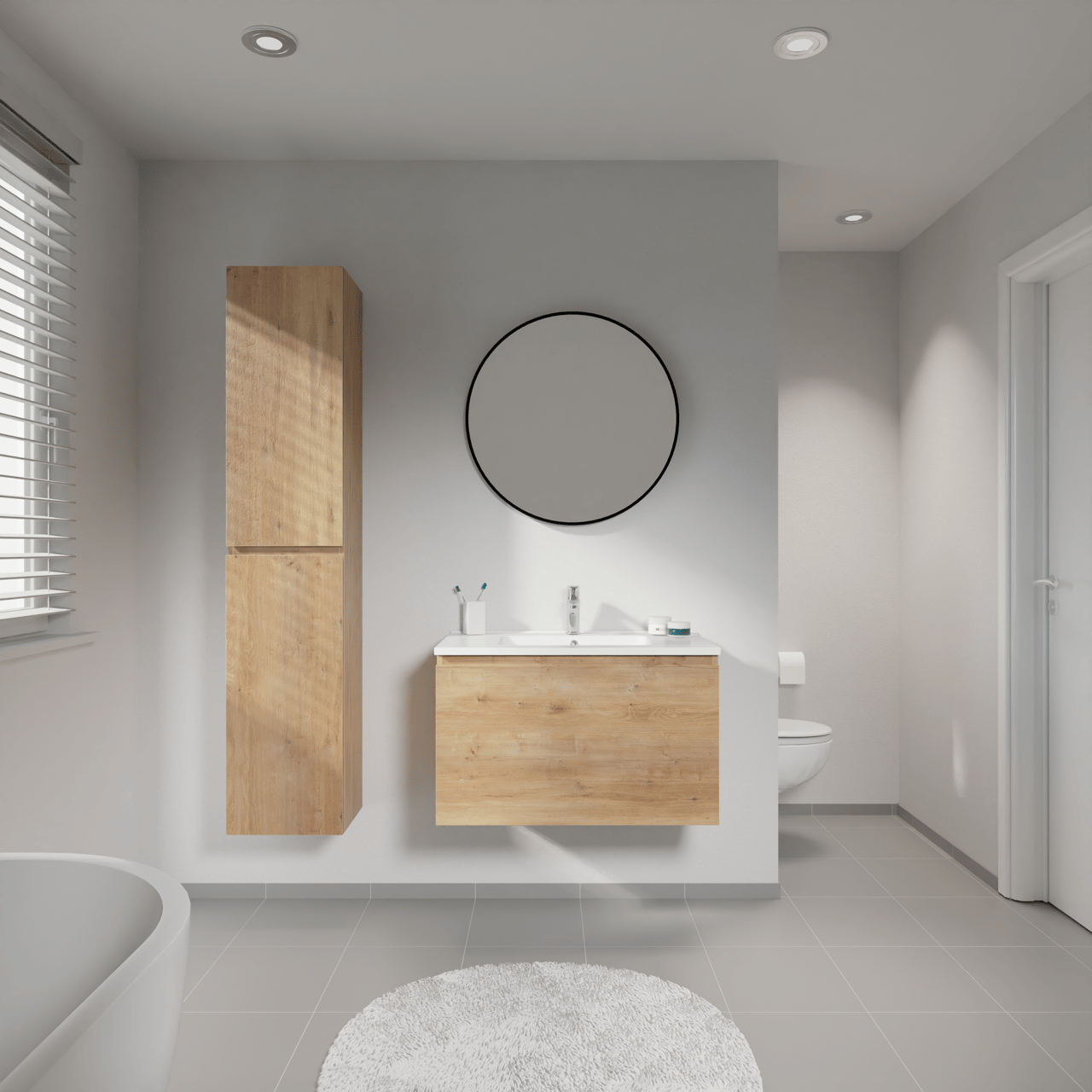 Linie Lado zwevend badmeubel 80 x 46 cm naturel eiken met Vano enkele wastafel in composietmarmer hoogglans wit