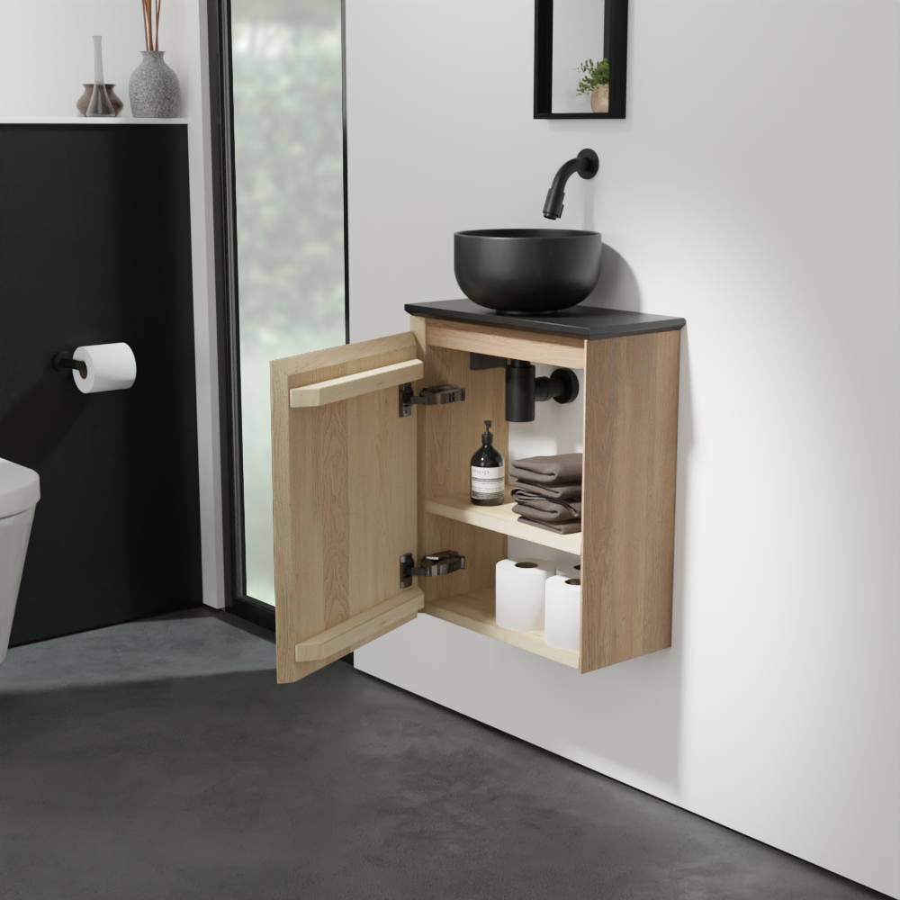 Balmani Mitra zwevend toiletmeubel 42 x 21 cm natuur eik met Facetta tablet en Bowl waskom in verzoete graniet