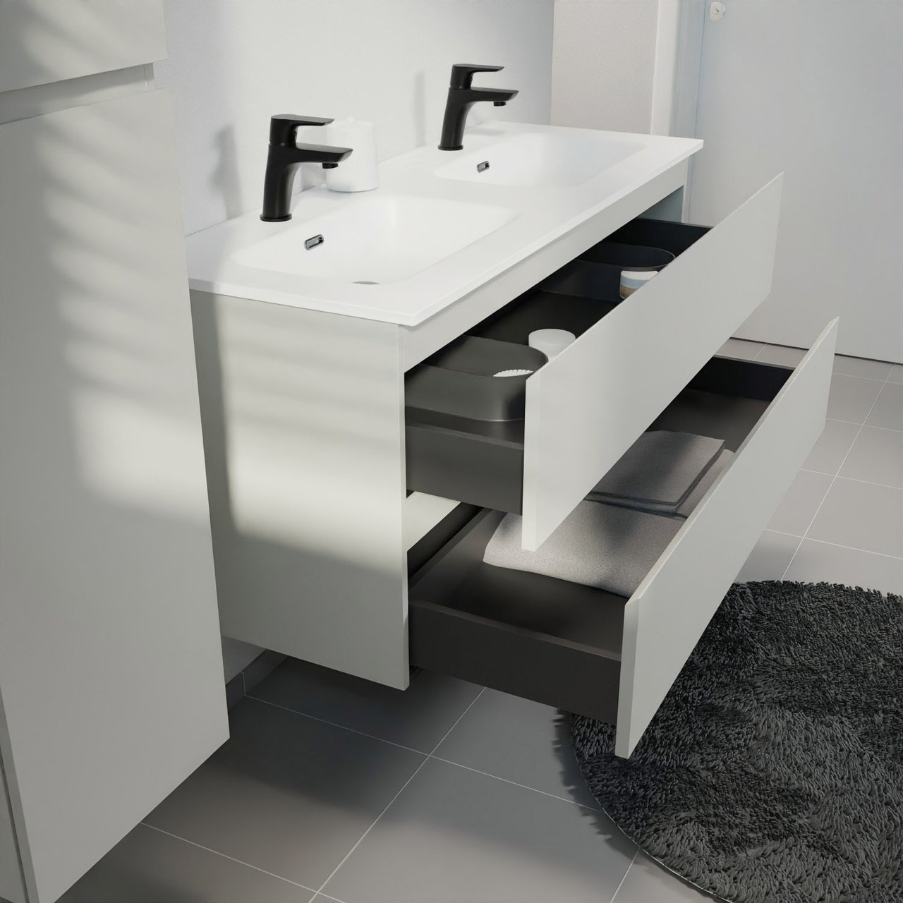 Linie Lado meuble salle de bains suspendu 120 x 46 cm greige avec Baro double vasque en porcelaine blanc mat