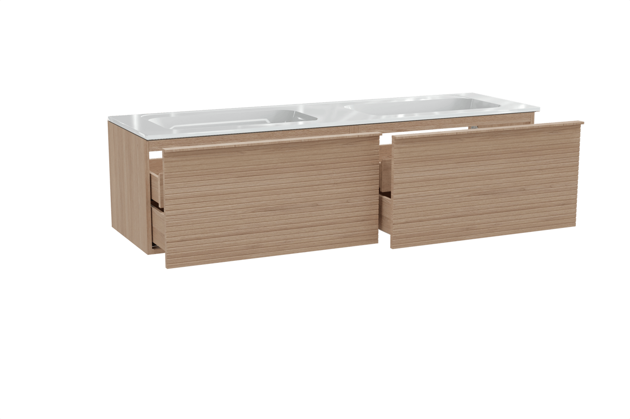 Balmani Forma hängendes Möbelstück Set: 180 x 55 cm, Naturbelassene Eiche, mit Tablo Strada Doppelwaschtisch, Marmorkomposit, Weiß glänzend, Horizontale symmetrische gerade Rippe