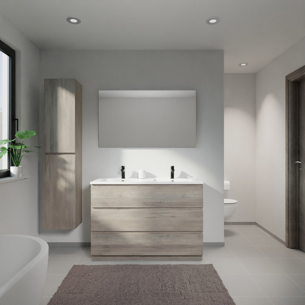 Linie Lado staand badmeubel 120 x 46 cm grijs eiken met Vano dubbele wastafel in composietmarmer hoogglans wit