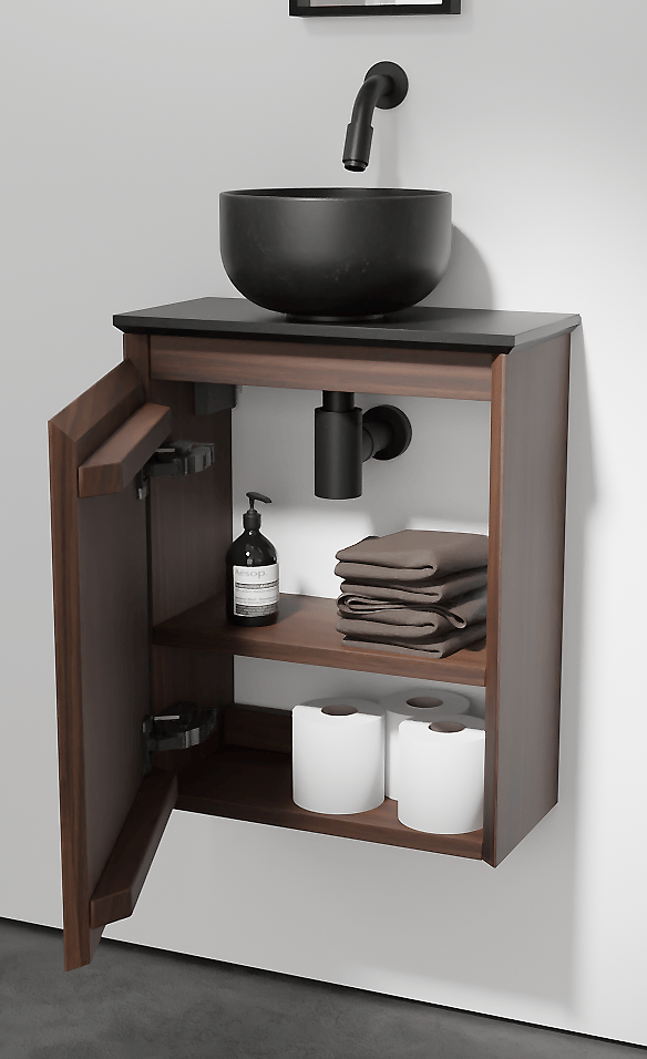 Balmani Mitra meuble wc suspendu 42 x 21 cm noyer américain avec Facetta tablette et Bowl vaque à poser en granite aiguisé