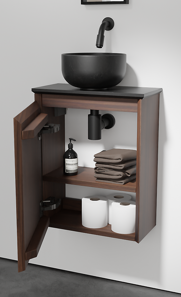 Balmani Mitra meuble wc suspendu 42 x 21 cm noyer américain avec Facetta tablette et Bowl vaque à poser en granite aiguisé