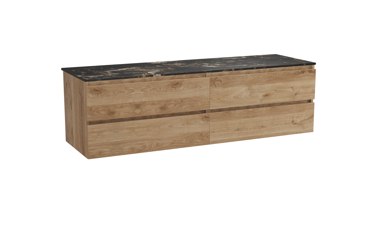 Balmani Lucida meuble salle de bains suspendu 180 x 55 cm chêne brut avec Stretto tablette simple ou double en marbre portoro gold