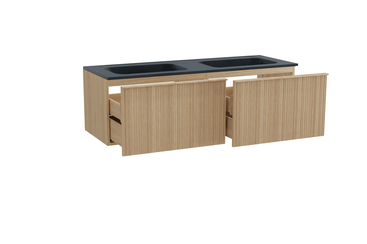 Balmani Forma hängendes Möbelstück Set: 150 x 55 cm, Naturbelassene Eiche, mit Tablo Strada Doppelwaschtisch, Marmorkomposit, Schwarz matt, Vertikale asymmetrische Runde Rippe